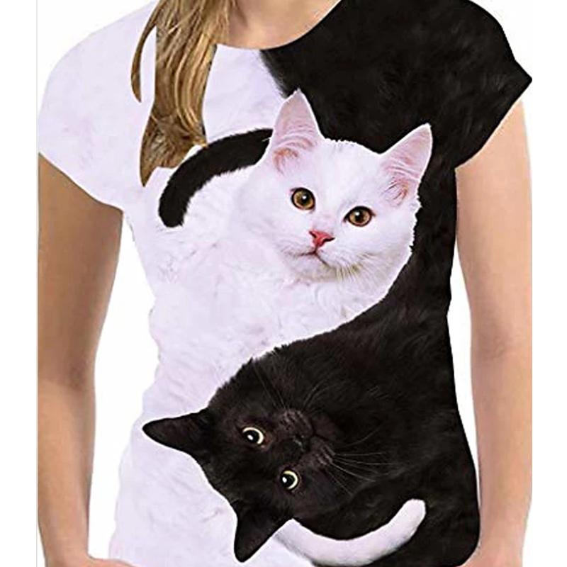 Dámské letní tričko trend potisk kotěte retro móda trička s krátkým rukávem ležérní potištěné topy