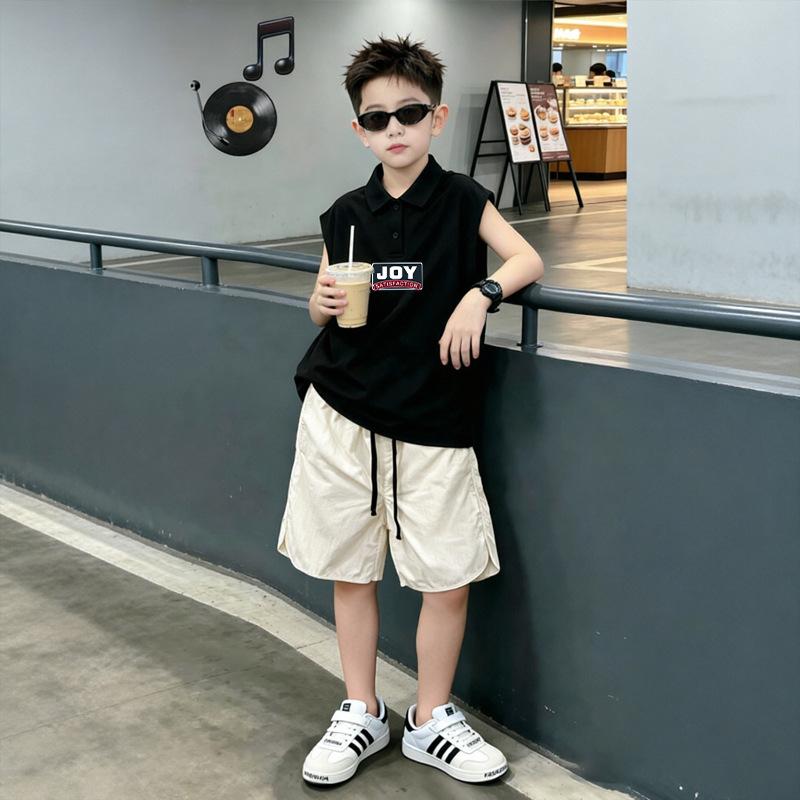 Boys' Trendy Cotton Polo Vest Set - Lapel Sleeveless Summer Top for Middle and Older Kids