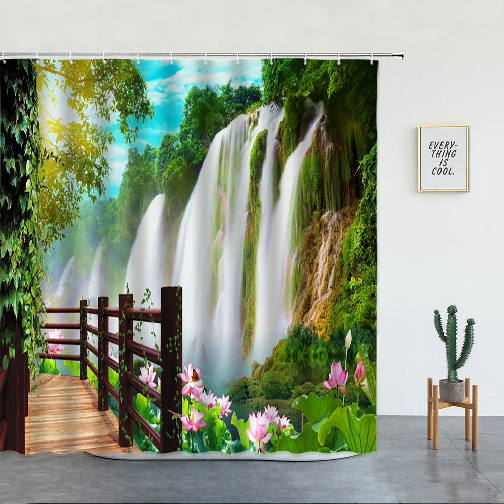 Tropischer Regenwald Landschaft Duschvorhänge Wald Wasserfall Schöne Naturszenerie Luxuriöse Badezimmer Dekoration Bildschirm Mit Haken