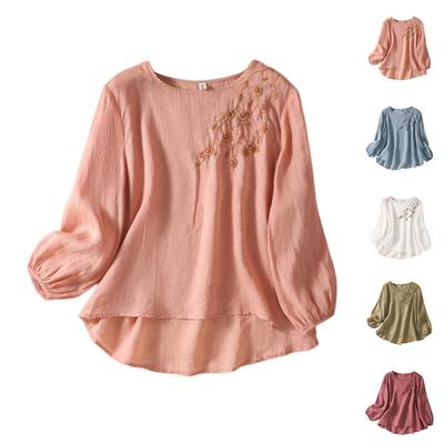 Damen Einfarbig Baumwolle und Leinen Langarm Bestickt Retro Atmungsaktiv T-Shirt Rundhals Top
