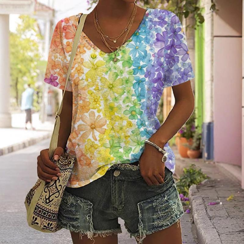 Summer Women's Casual Loose Fashion Digital Printed Multi-color V-neck Short Sleeved T-shirt