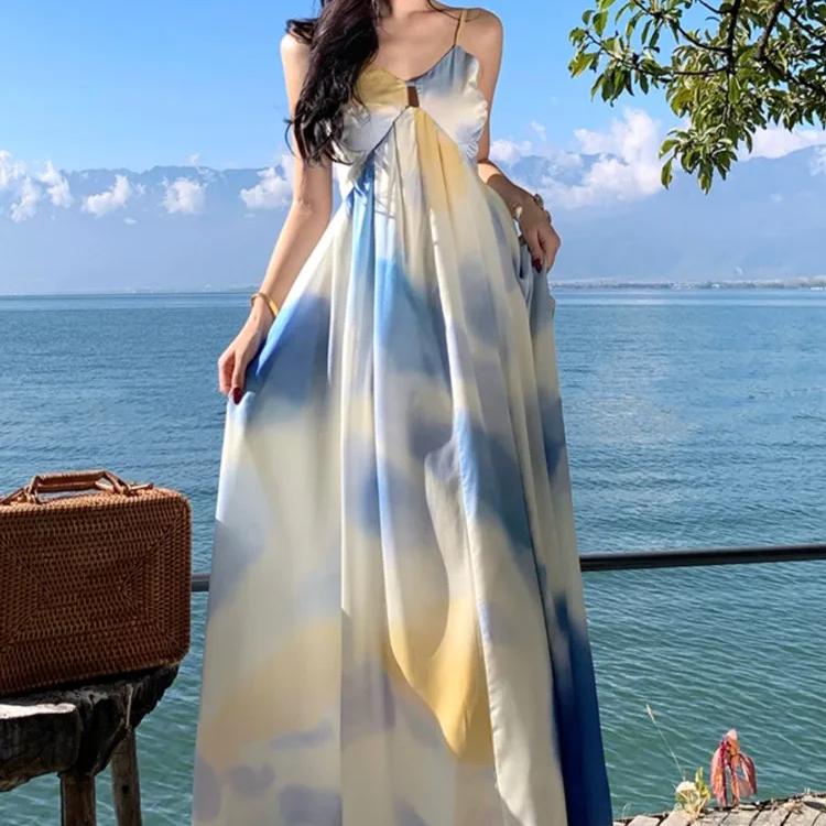 

Элегантные принты вечерние платья сексуальные тонкие бретельки без рукавов праздничное пляжное платье летнее женское повседневное свободное длинное платье L синий