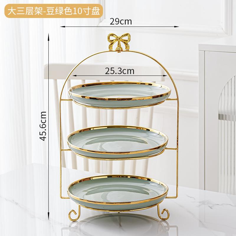 Golden Edged Double-layer Ceramic Tray, Cake Rack, Snack, Fruit Tray, Afternoon Tea Dessert Display Stand, Metal Bow Bracket