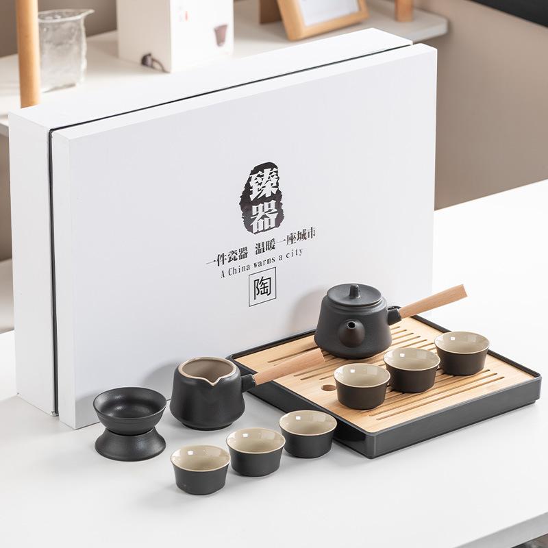 

Black pottery kung fu tea set cover bowl teapot tea cup tea set accessories complete tea tray business gifts high-end gift box