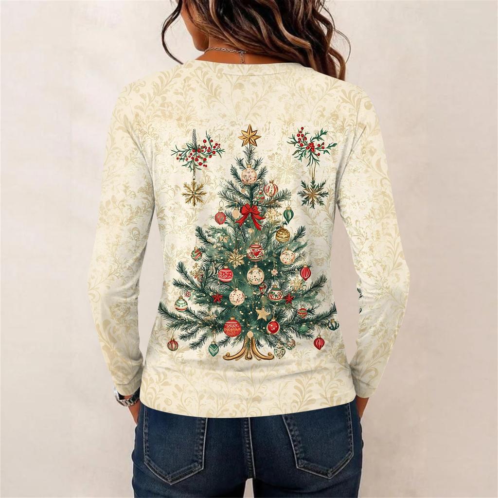Women's Christmas Print Neck Long Sleeve Pullover Top