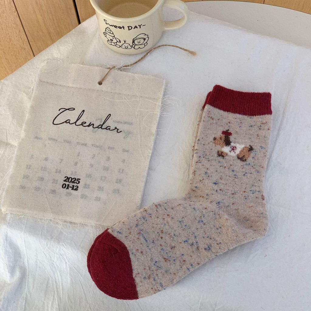 Wool Socks Women Cartoon Cute Cat Mid-Tube Socks Diamond Plaid Lace Pile Socks Red Socks