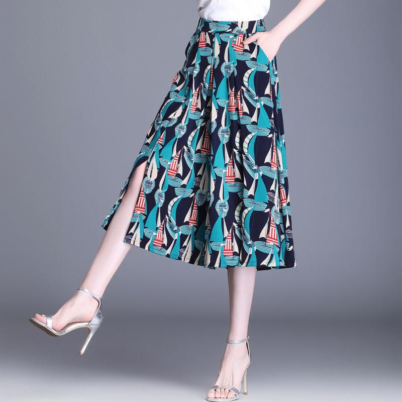 Summer Women Geometric Patterns Wide Leg Skirt Pants Korean New Fashion Capris Oversized Casual Elastic High Waist Slit Trousers