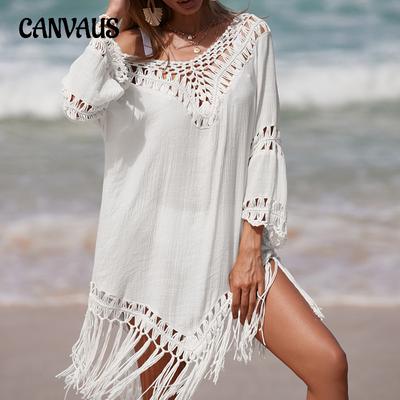 Estate Donna Uncinetto Collo Solido Colore Patchwork Manica Media Lunga Nappa Lunga Trasparente Largo Protezione Solare Sexy Copricostume da Spiaggia