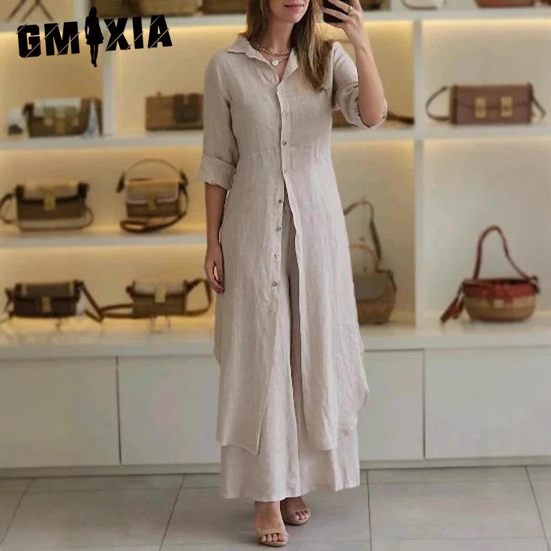 

GMXIA Женский летний, весенний и осенний элегантный хлопковый и льняной костюм с приталенными широкими брюками и длинными рукавами XXXXXL хаки