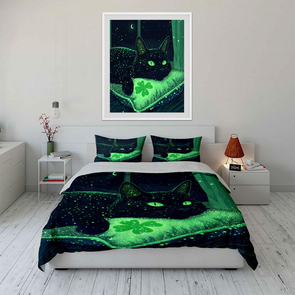 Glowing Black Cat with Clover Bedding Duvet Cover Set (1*Duvet Cover 2*Pillowcases, Without Duvet Insert)