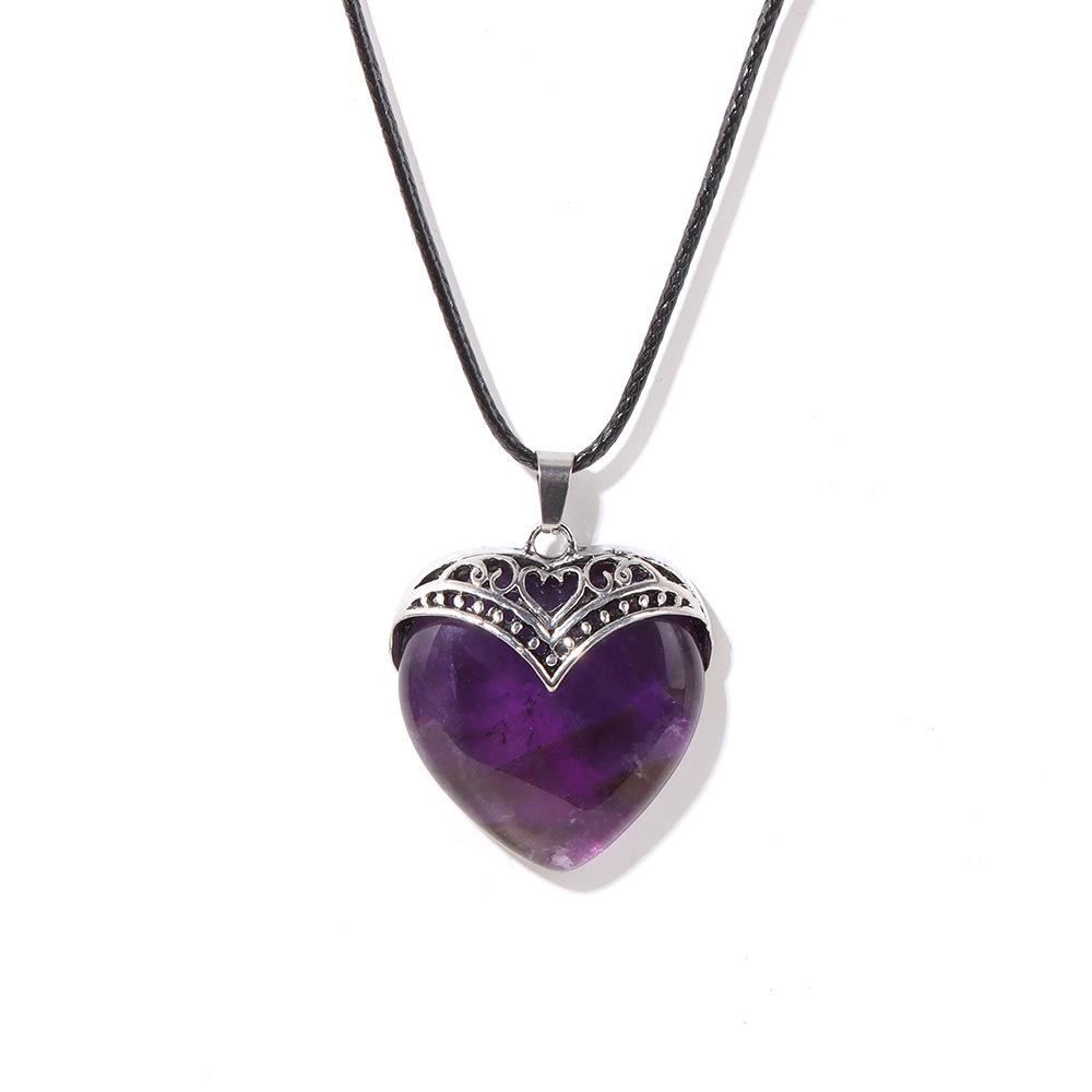 Amethyst Heart Pendant Necklace with Hollow for Women