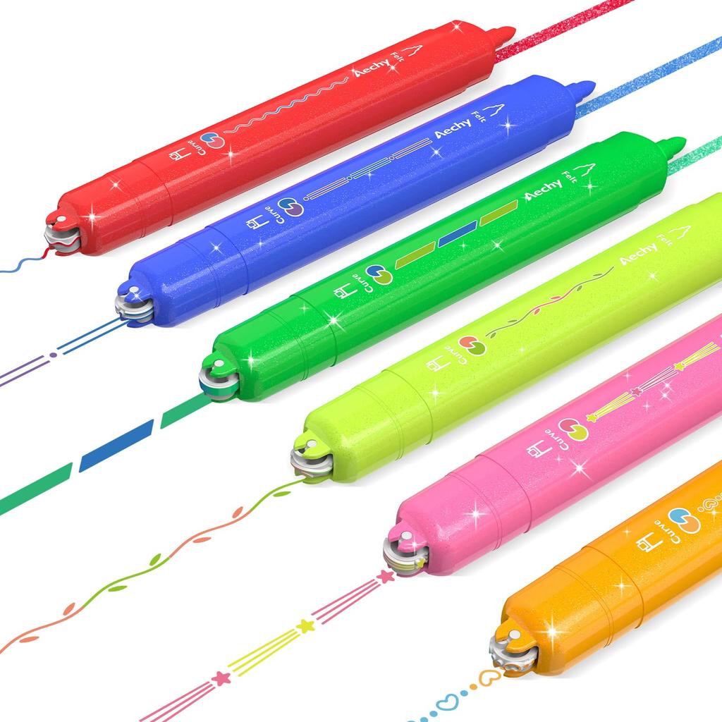 Aechy Curved Line 6 Twin Roller Stamp Glitter Felt for and School Office Stationery Pen, 2-Color Marker, Patterns, Water-Based Head, & Tip,