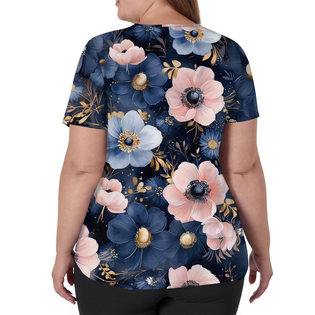 Damenmode V-Ausschnitt Kurzarm Overalls mit Taschen Print Tops Kleidung