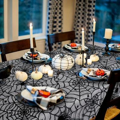 Halloween Spiderweb Tablecloth Black Lace Cobweb Decor with Spiders for Fireplace Mantle Kitchen Party Table Decorations