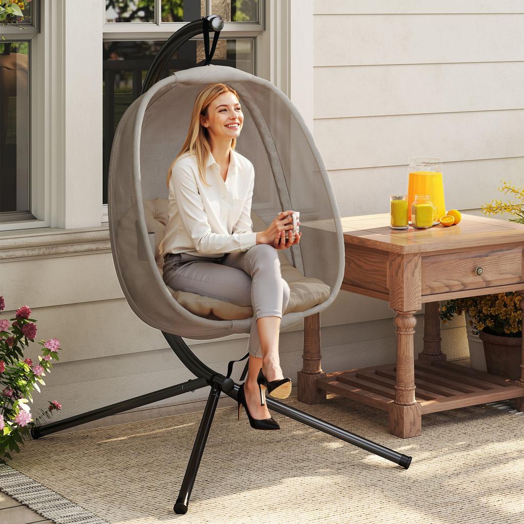 Hanging Egg Chair, Folding Texteline Swing Hammock with Side Pocket, Cushion and Stand for Indoor Outdoor, Patio Garden Furniture, Khaki