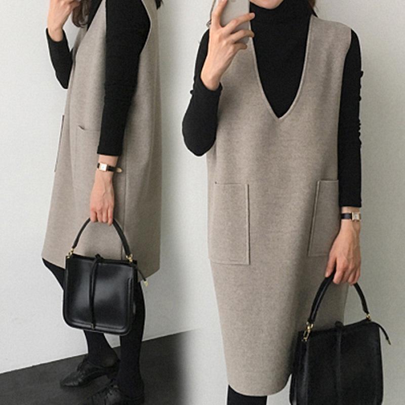 Korean Style Mid-Length V-Neck Vest Dress Set for Autumn/Winter - Two-Piece Casual Fashion