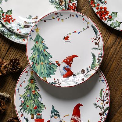 Christmas Ceramic Dinner Santa Christmas Tree Round Plate Dessert Dish Flat Dinner Plate Easy To Clean Home Snack Western Plates
