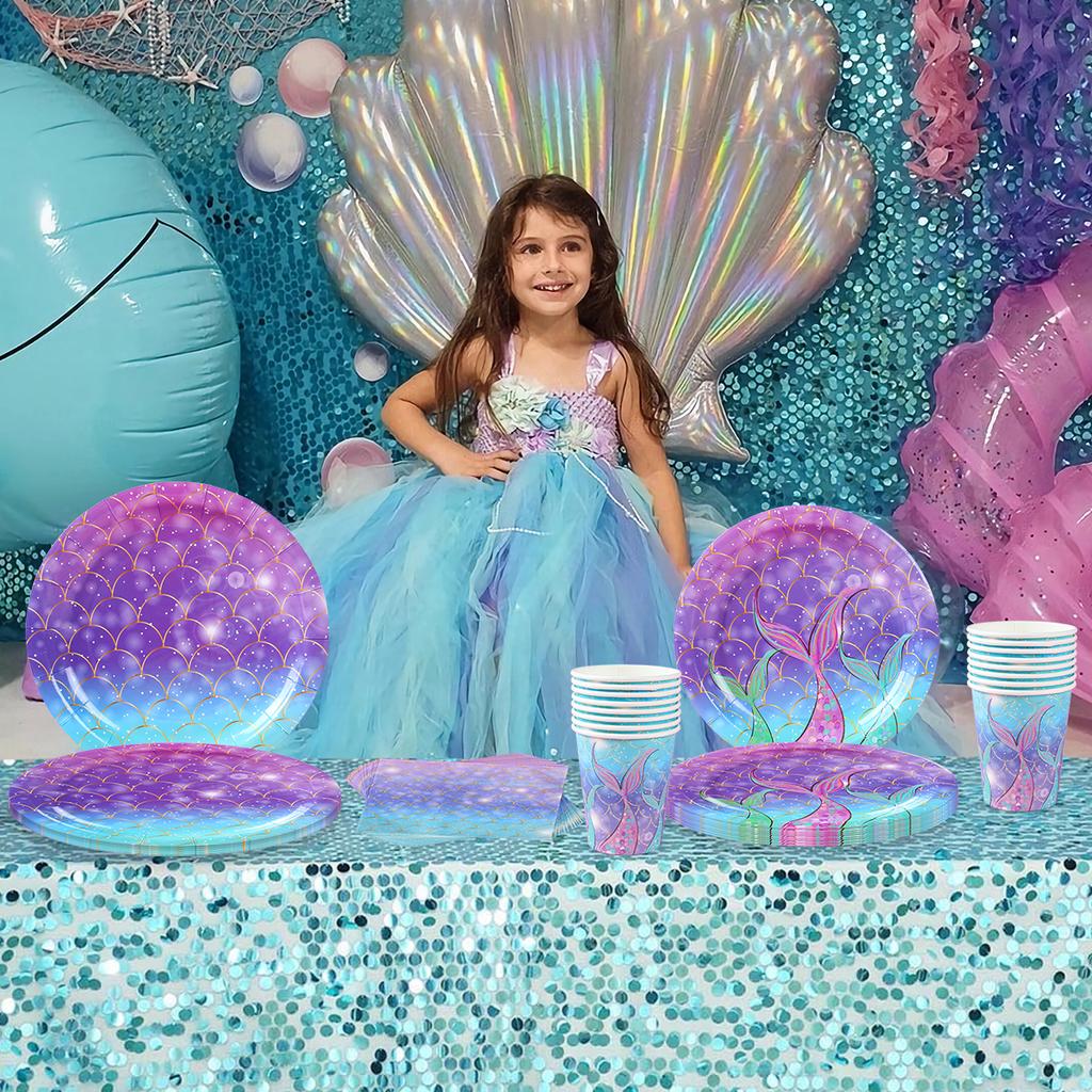 Little Mermaid Tablecloth Mermaid Tail Disposable Tableware Mermaid Birthday Party Decoration Baby Shower Girl Birthday Decor