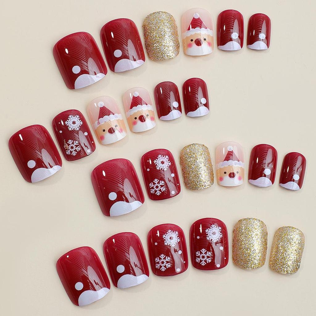 Cross-Border Christmas Nail Art: Cute Santa Claus & Snowflake Press-On Nails, Short Square Tips.