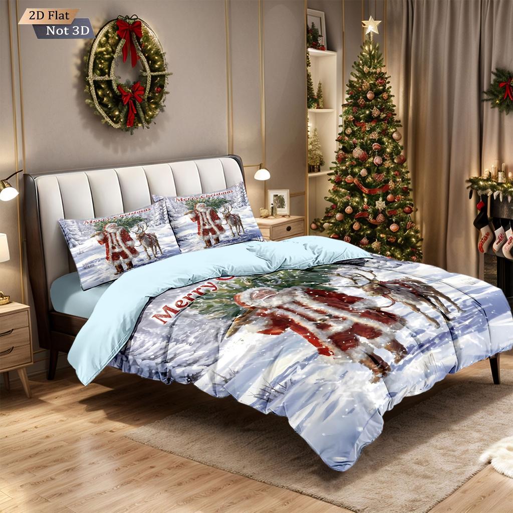 Conjunto de edredom chipless com estampa de Feliz Natal, 3 peças, vários tamanhos, para quarto, dormitório, decoração de feriado, lavável à máquina