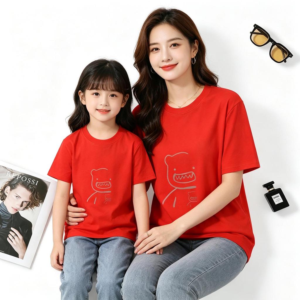 Mother-Daughter Matching Short Sleeve T-shirt - Cute Cartoon Bear Print, 100% Cotton, Round Neck, Loose Fit