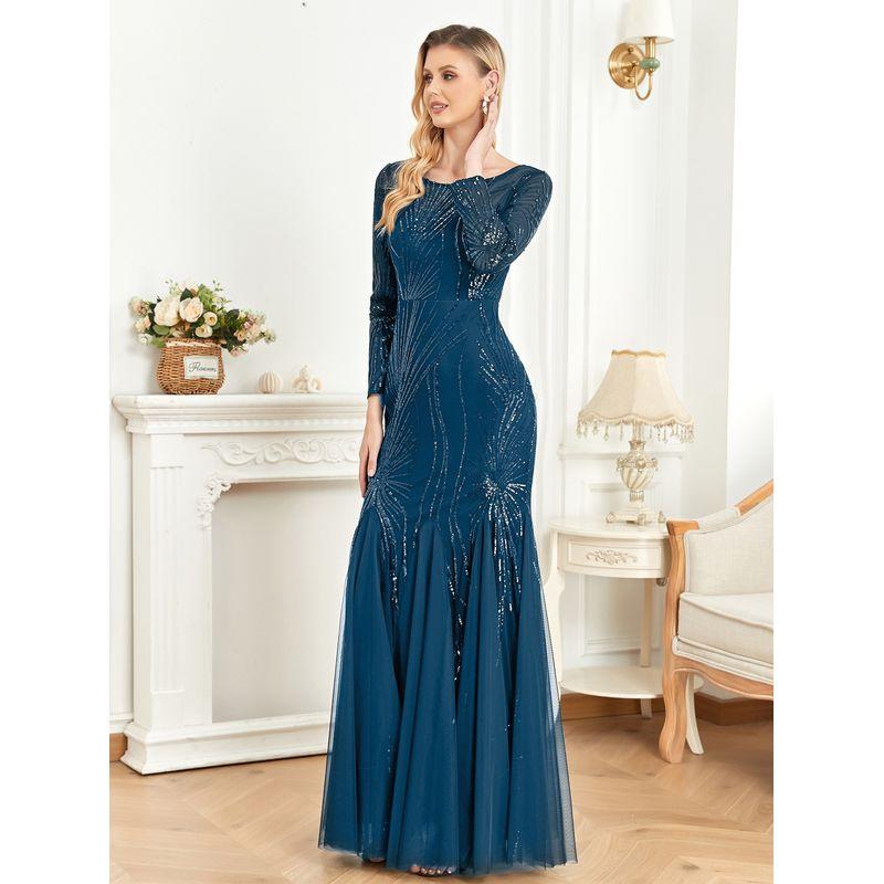 

European and American New Style Long-Sleeved Slim-Fit Fishtail Dress Bridesmaid Banquet Evening Dress Foreign Trade Evening Party Dress Teal Blue European Size Is Too Large L
