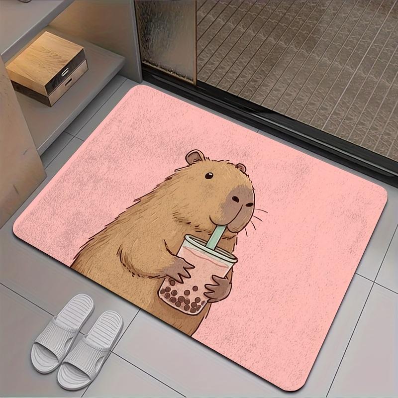 1pc Capybara and Milk Tea Pattern Floor Mat - Non-slip, machine washable, home decor rug suitable for bathrooms and bedrooms.
