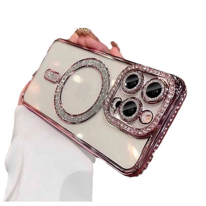 

Подходит для чехла iPhone16, Apple 15promax Блестящий Магнитный 13 Гальванизированный Блестящий 14 Защитный чехол класса люкс Apple 11Promax розовый