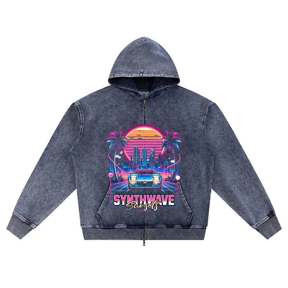 

DTG print Knitted Denim Zip-Up Hoodie Synthwave Sunsets Brother Print Zipper Hoodies XL темно-синий
