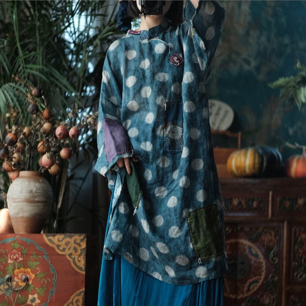Johnature Women Vintage Polka Dot Dresses Spring Chinese Style Stand Long Sleeve Dress
