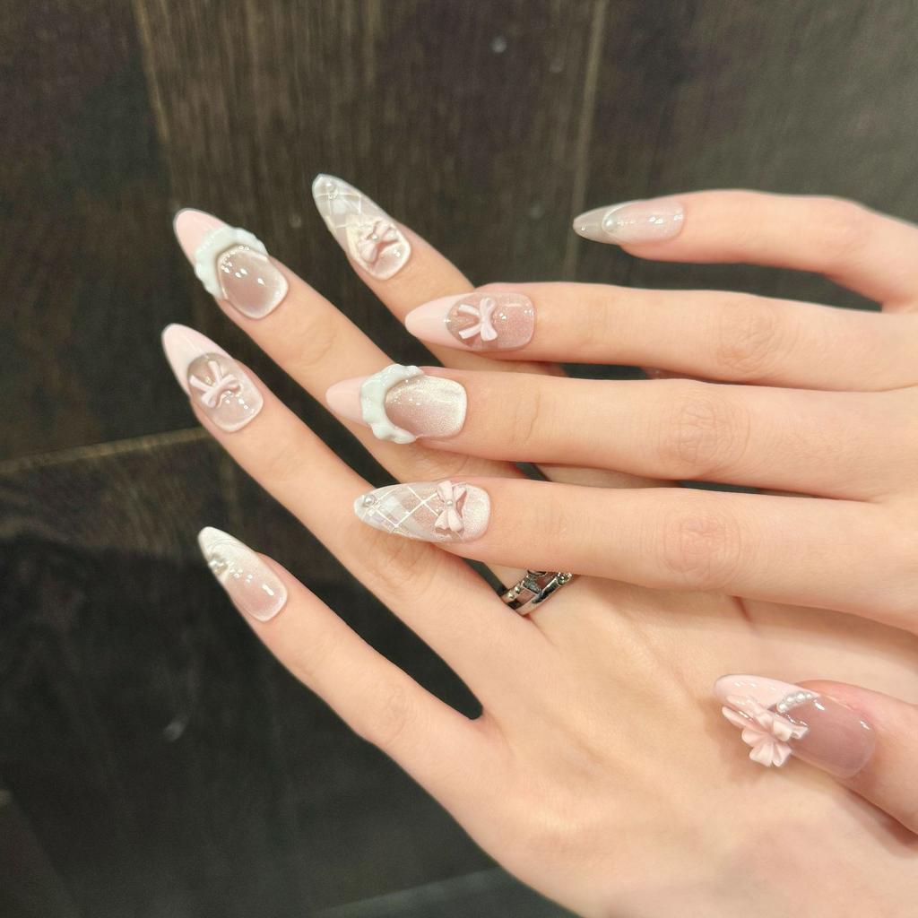 10pcs Handmade Press On Nails French Cat Eye Pink Bow Decor Korean False Nails Wearable Full Cover Ins Almond False Nail Tips