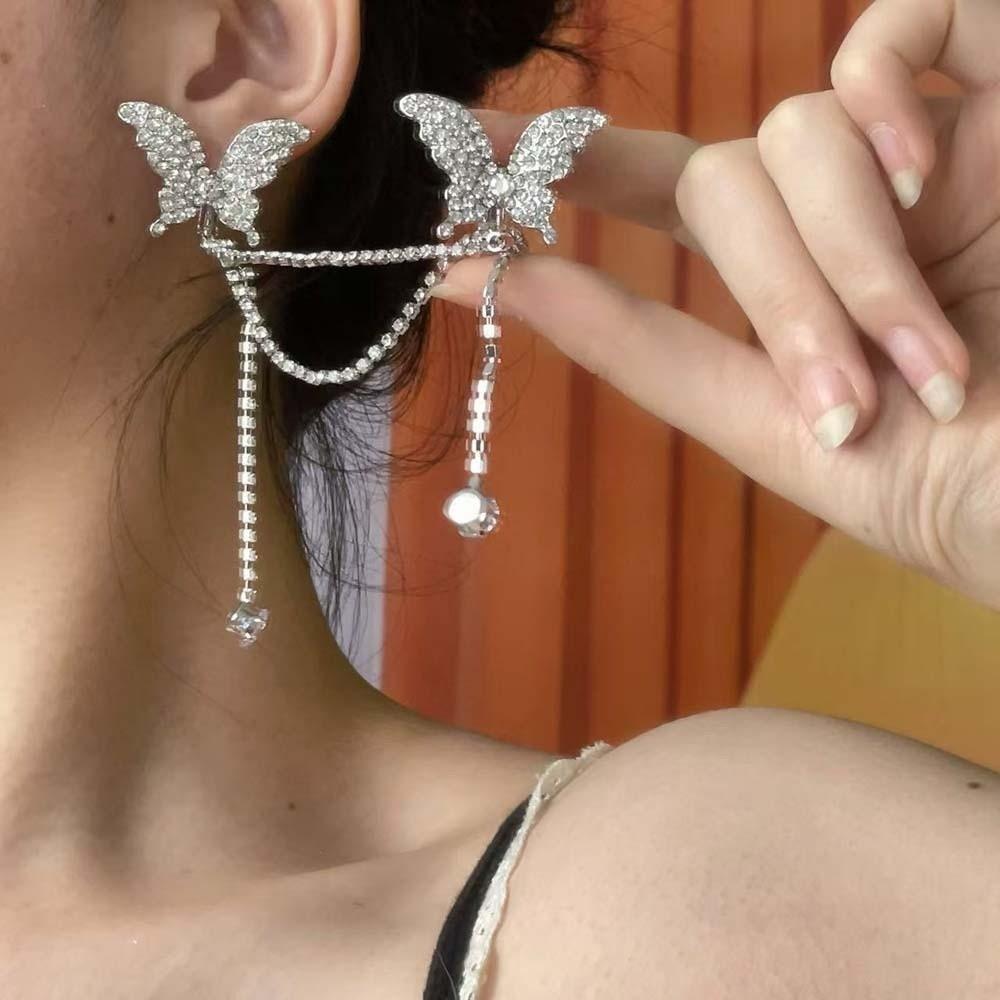 1 pair Luxury Silver Tassel Ear Clip Long Shiny Temperament Eardrops  Women
