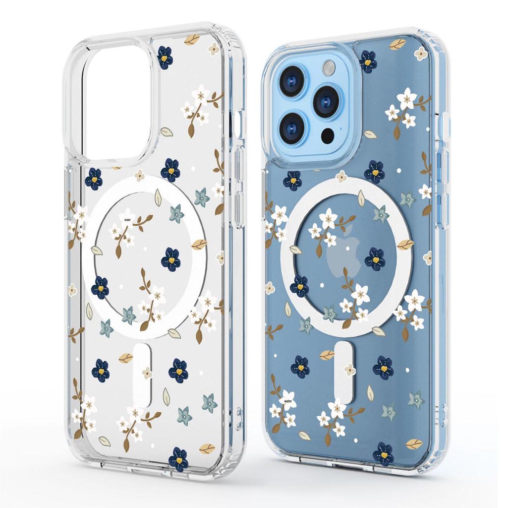 Blue Floral Magnetic Transparent Case for iPhone 15/16/17 Pro Max