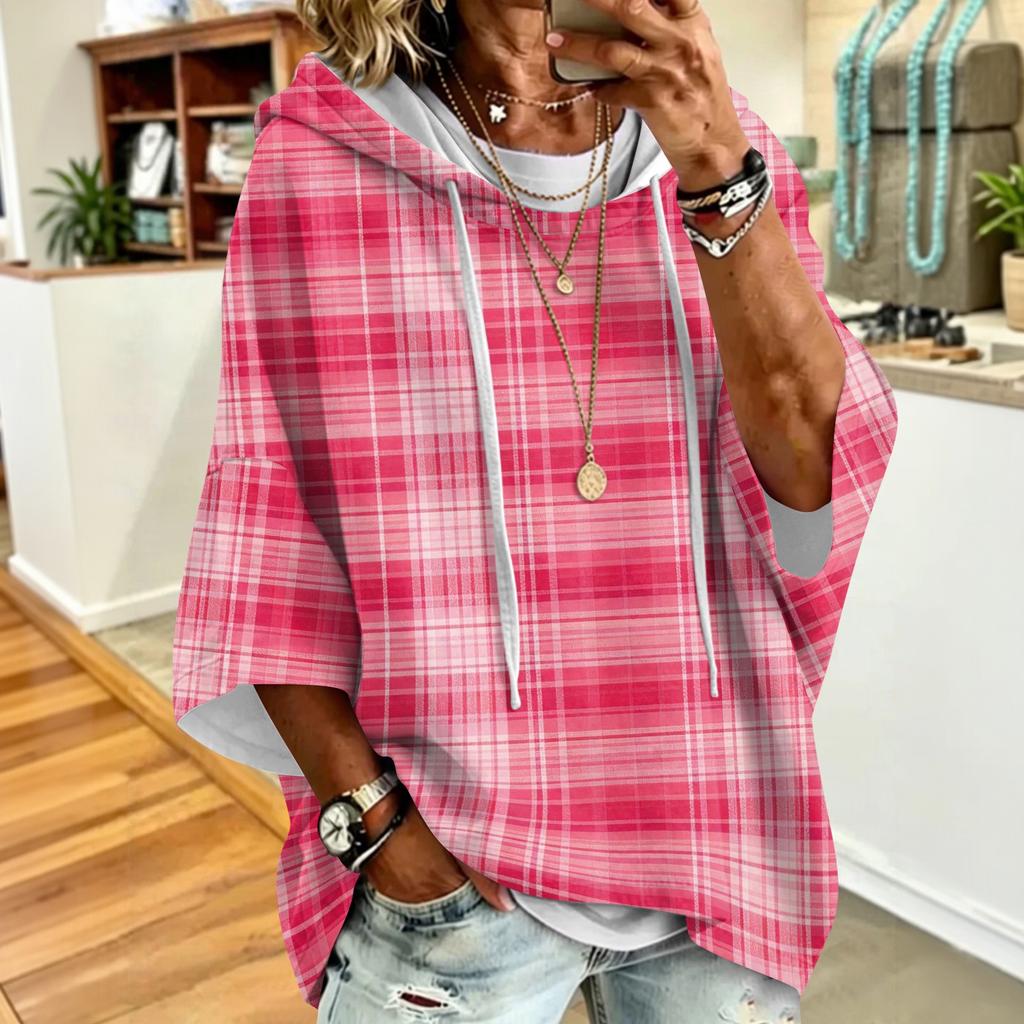 Women's Fashion Printed Loose Fit Hoodie with Three-Quarter Sleeves for Casual Everyday Wear