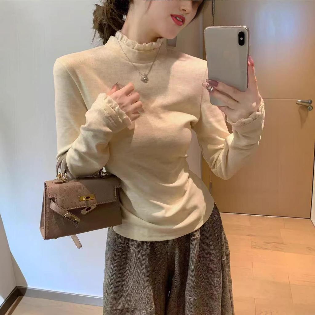 Women's Lace Trim High Neck Long Sleeve T-shirt - 2025 Autumn/Winter Collection Trendy Base Top