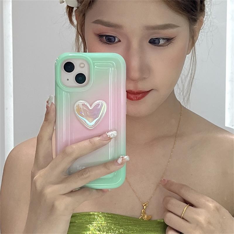 Funda de teléfono de silicona con gradiente de corazón de amor láser 3d coreano para Iphone 14 13 12 11 Pro Max Smudge Pink, funda suave Simple a prueba de golpes