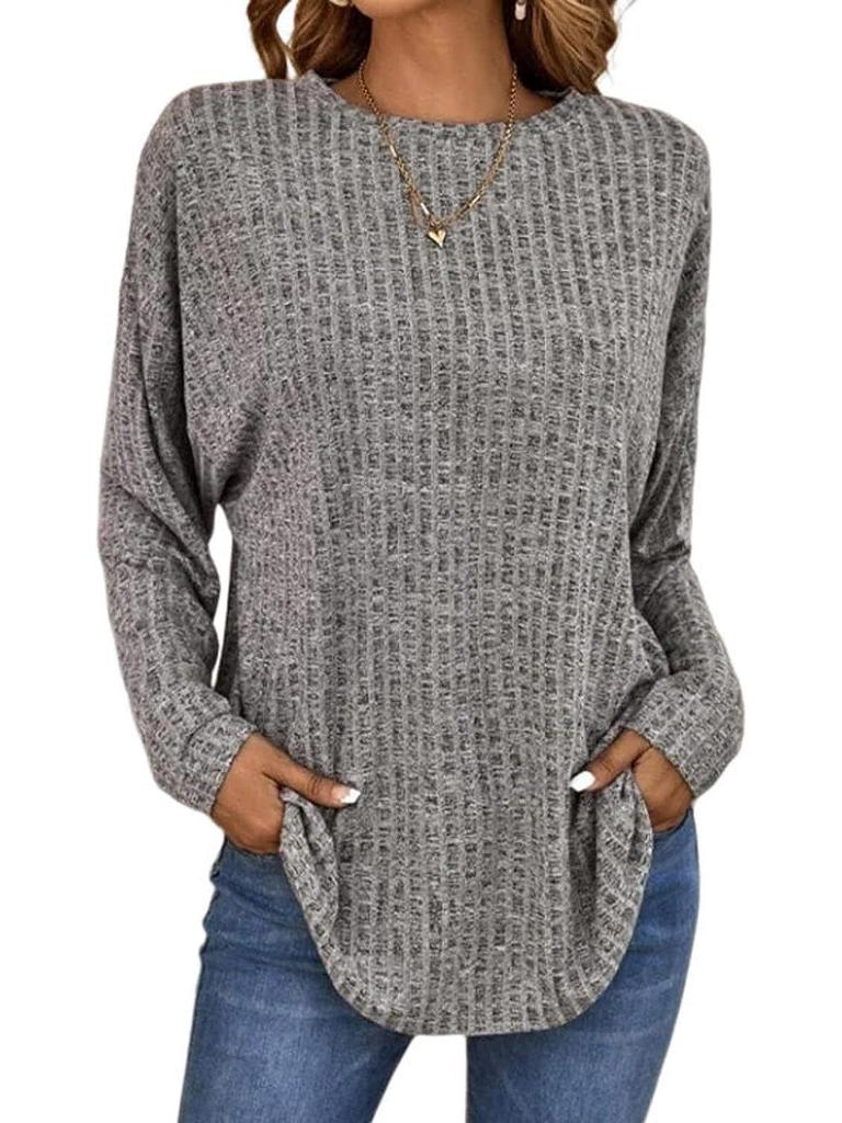 Podzimní a zimní nové dámské tričko s dlouhým rukávem a kulatým výstřihem, jednobarevné, sešívané, s dlouhým rukávem