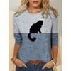Color Block Printed Long Sleeved Casual Daily Basic Retro Round Neck 3D Cat Printed Women's T-shirts - Soft Medium Stretch Relaxed Fit Clothing