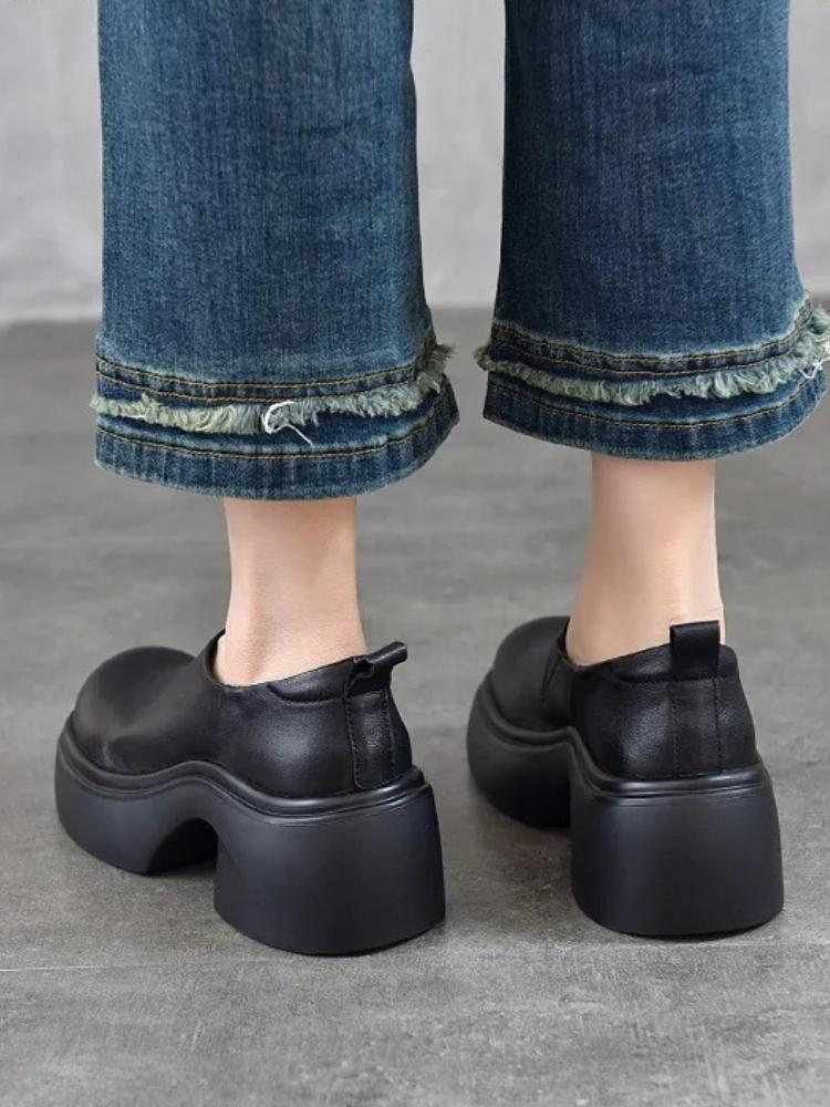 Johnature Lightweight Thick Soled Genuine Leather High-heeled Pumps Versatile Round Toe Women's Platform Shoes