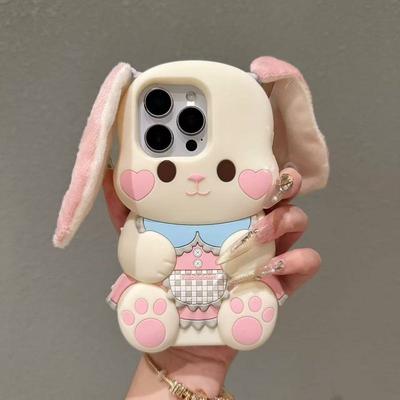 Capa de Celular de Coelho de Pelúcia Cartoon 3D com Orelhas Longas Para IPhone 17 16 15 14 13 Pro Max 14 15 Plus Capa Traseira de Silicone Macio