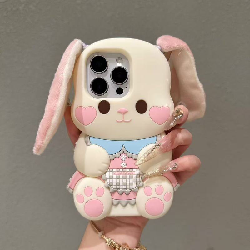 3D Cartoon Plush Long Ears Rabbit Phone Case For IPhone 17 16 15 14 13 Pro Max 14 15 Plus Soft Silicone Back Cover