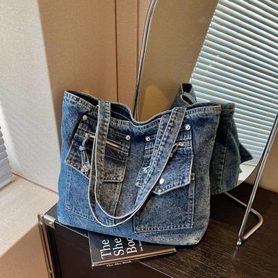 Borsa a Tote in Denim Truck Wind Grande Capacità per Pendolari Studenti Universitari a Spalla Singola