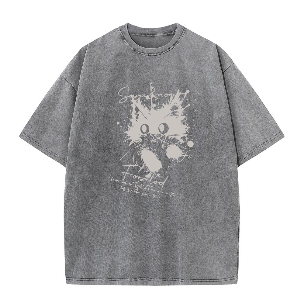 Spring Summer New Washed TShirt Loose Fitting Casual Cat Print Pure Cotton Crew Neck Short Sleeve Retro Street Style
