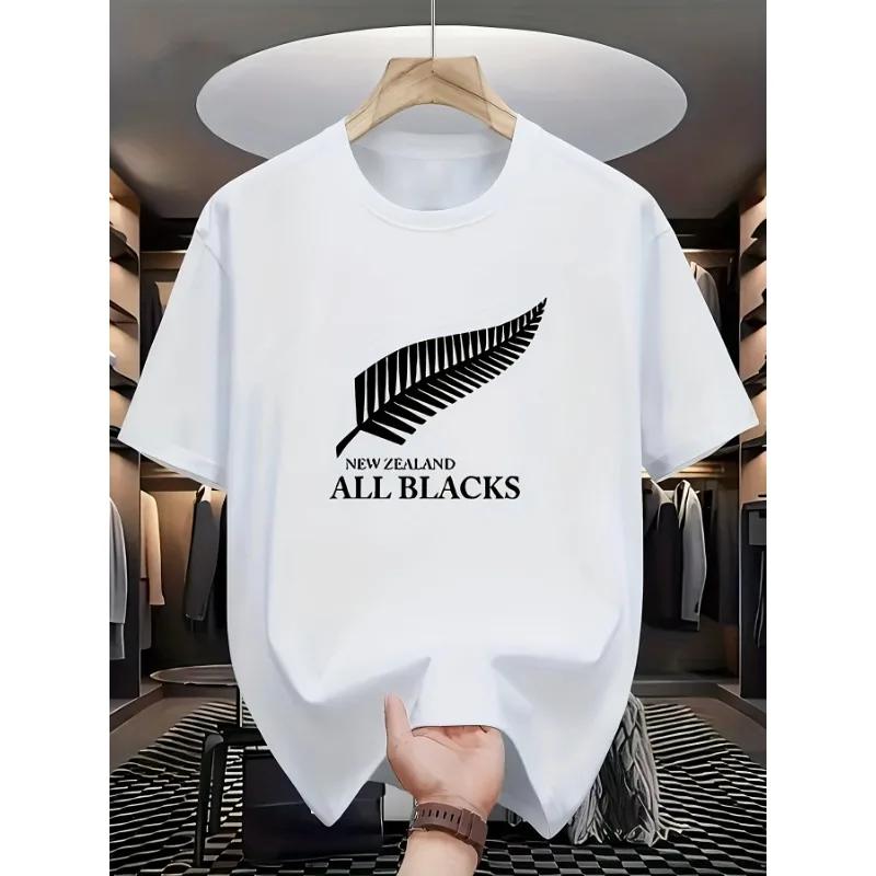 2025 Summer National Men's All-Black Rugby Team T-shirt 100% Pure Cotton Humorous Round-neck Short-sleeved Top