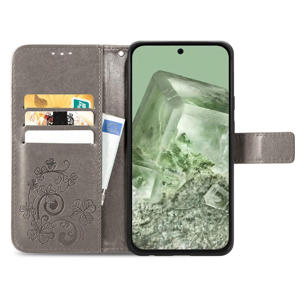 Kožené pouzdro pro Google Pixel 8a Kryt peněženky na telefon s čtyřlístkem
