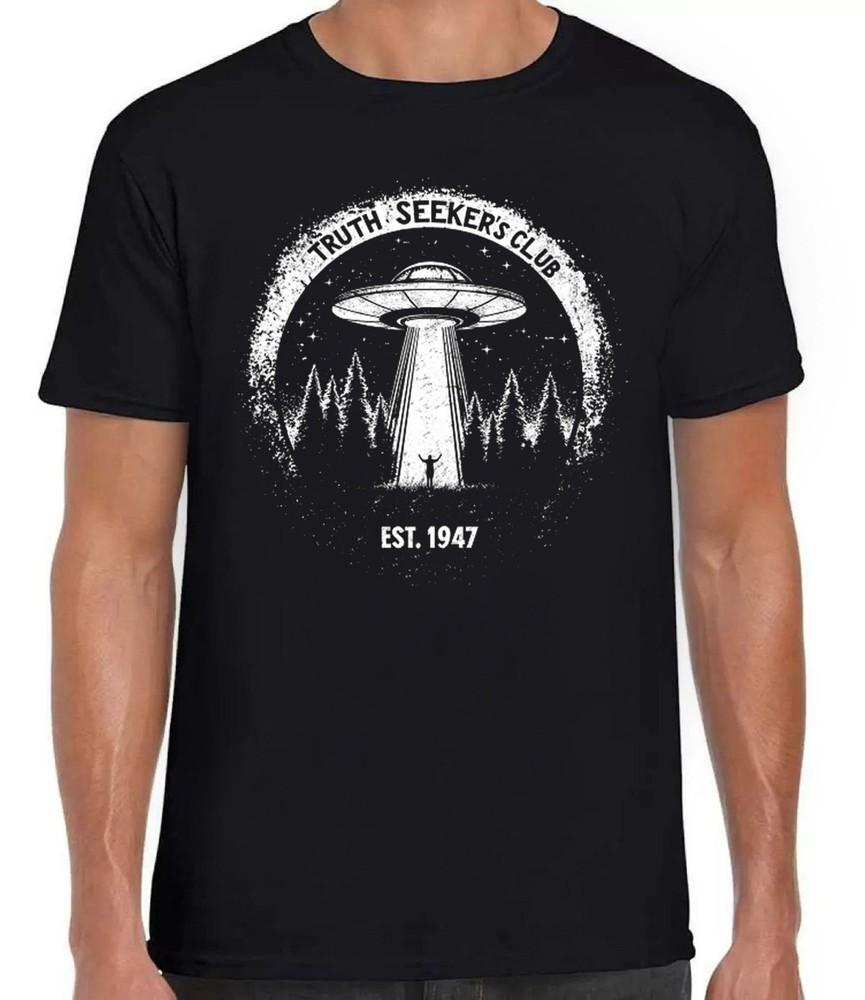 

Ufo Truth Seekers Area 51 Alien Abduction Flying Saucer Black Tee T Shirt 408 4XL