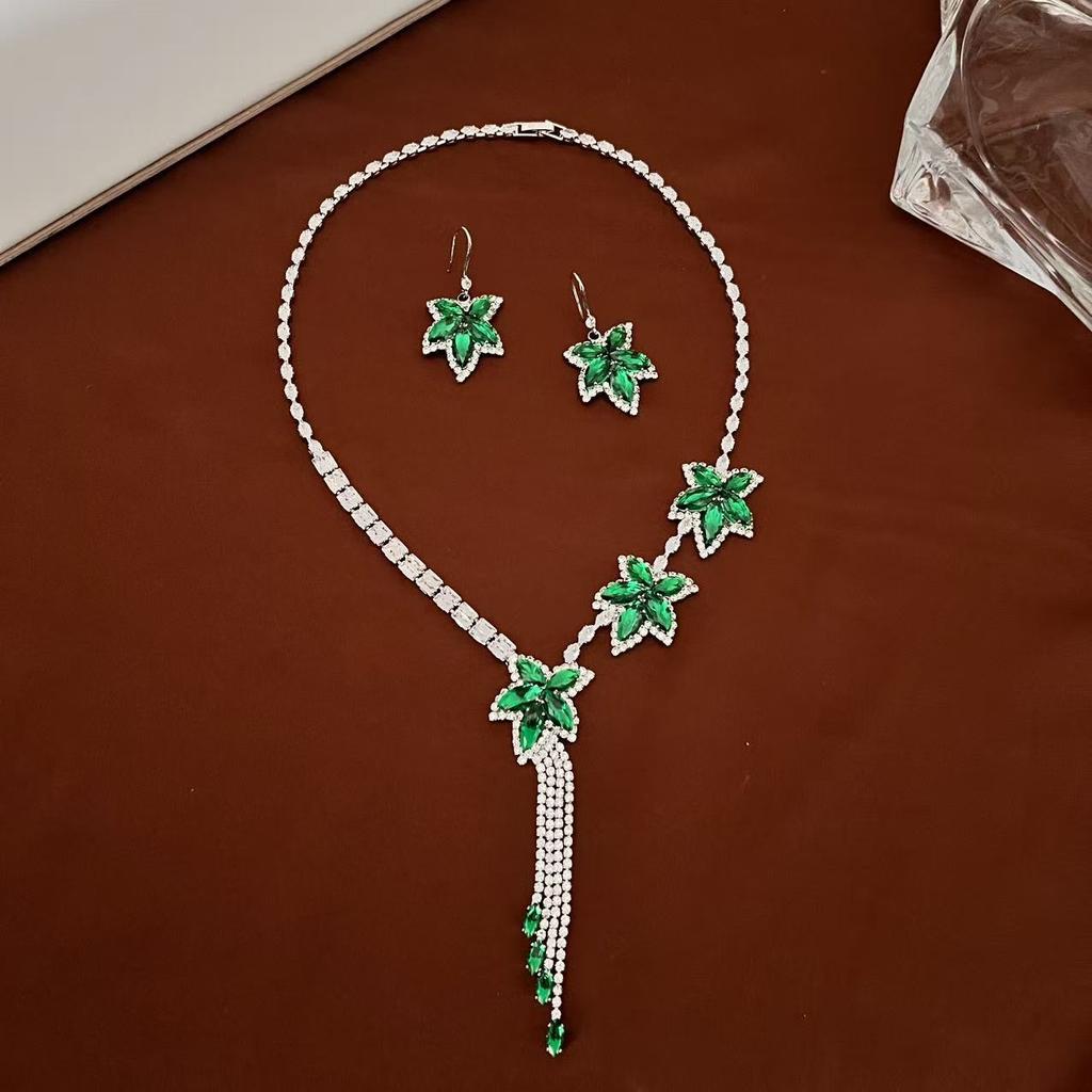 20 Maple Leaf Flower Zircon Necklace Earrings Set Handmade Zircon Exquisite Jewelry Set