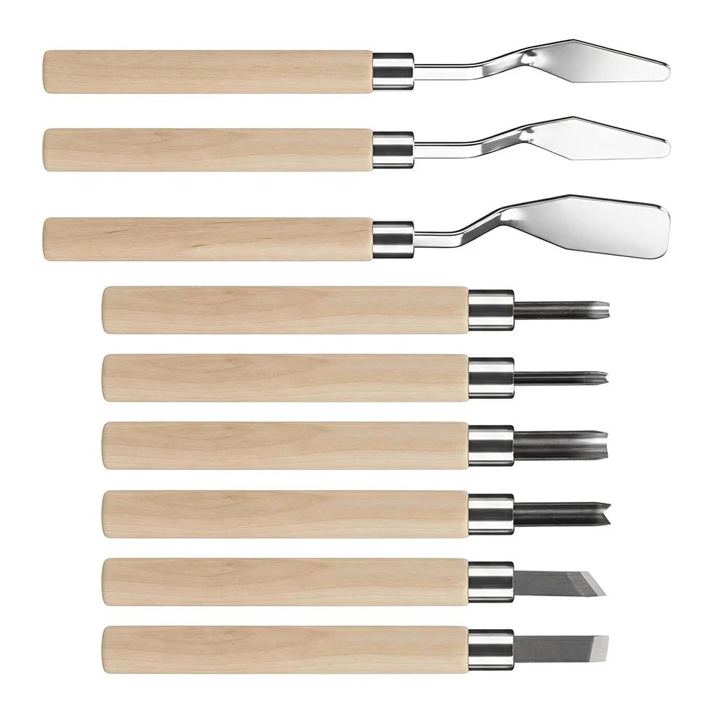 9-Piece Wooden Handle Linoleum Carving Kit For Printmaking & Stamping Cutting Linoleum Cutter Hand Tool Set