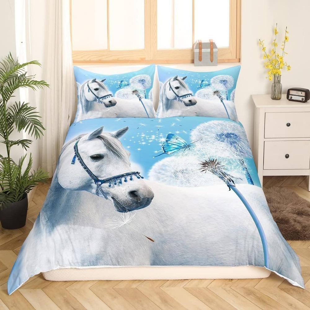 Horse Motif Bedding Set,Microfibre Bedding Sets, Children's Bed Linen with Blue Butterfly Dandelion Children's Bed Linen Girls