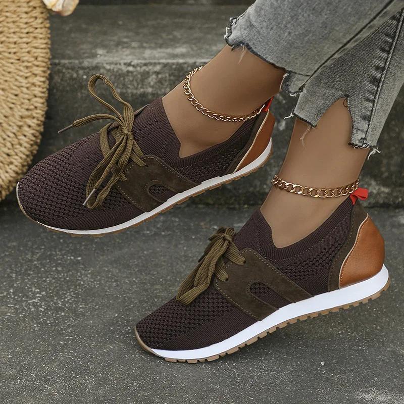 New Comfort Breathable Knitted Sneakers Women Spring Flat Heels Athletic Running Shoes Woman Plus Size 43 Casual Walking Shoes